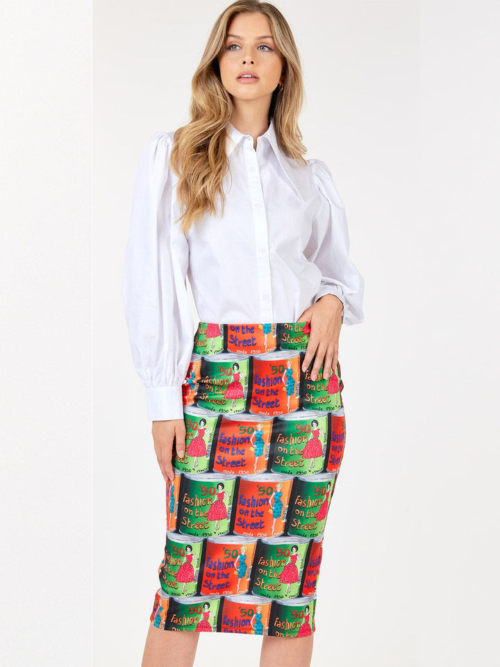WOMEN'S ZIPPER CLOSURE MULTI PRINT PENCIL MIDI SKIRT
