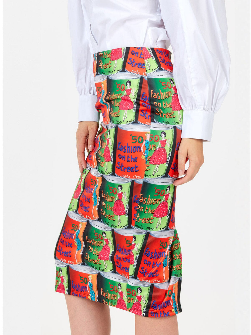 WOMEN'S ZIPPER CLOSURE MULTI PRINT PENCIL MIDI SKIRT