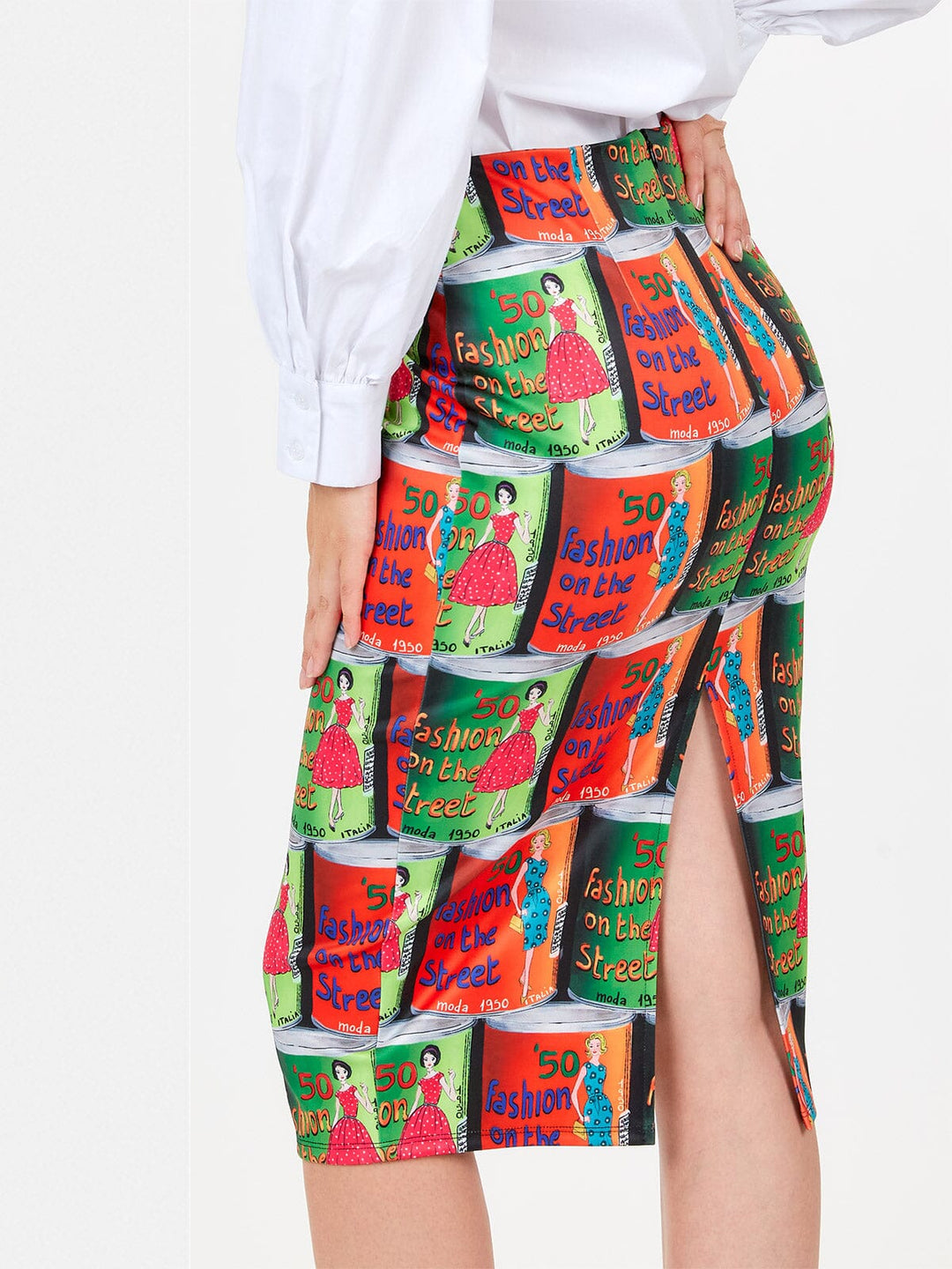 WOMEN'S ZIPPER CLOSURE MULTI PRINT PENCIL MIDI SKIRT