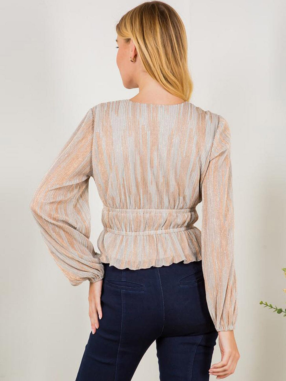 WOMEN'S LONG SLEEVE SURPLICE SHIMMER BLOUSE TOP