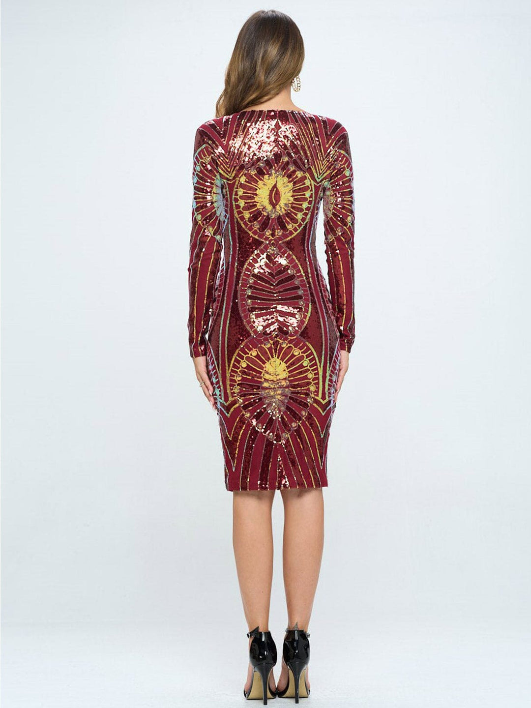 WOMEN'S LONG SLEEVE V-NECK BODYCON SEQUINS MIDI DRESS