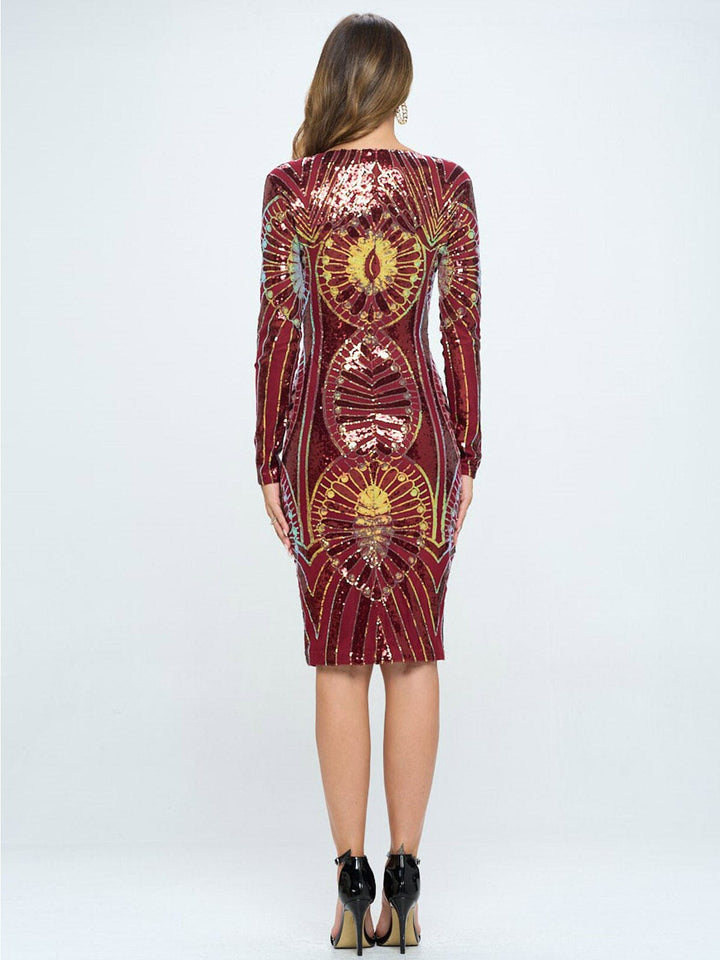 WOMEN'S LONG SLEEVE V-NECK BODYCON SEQUINS MIDI DRESS