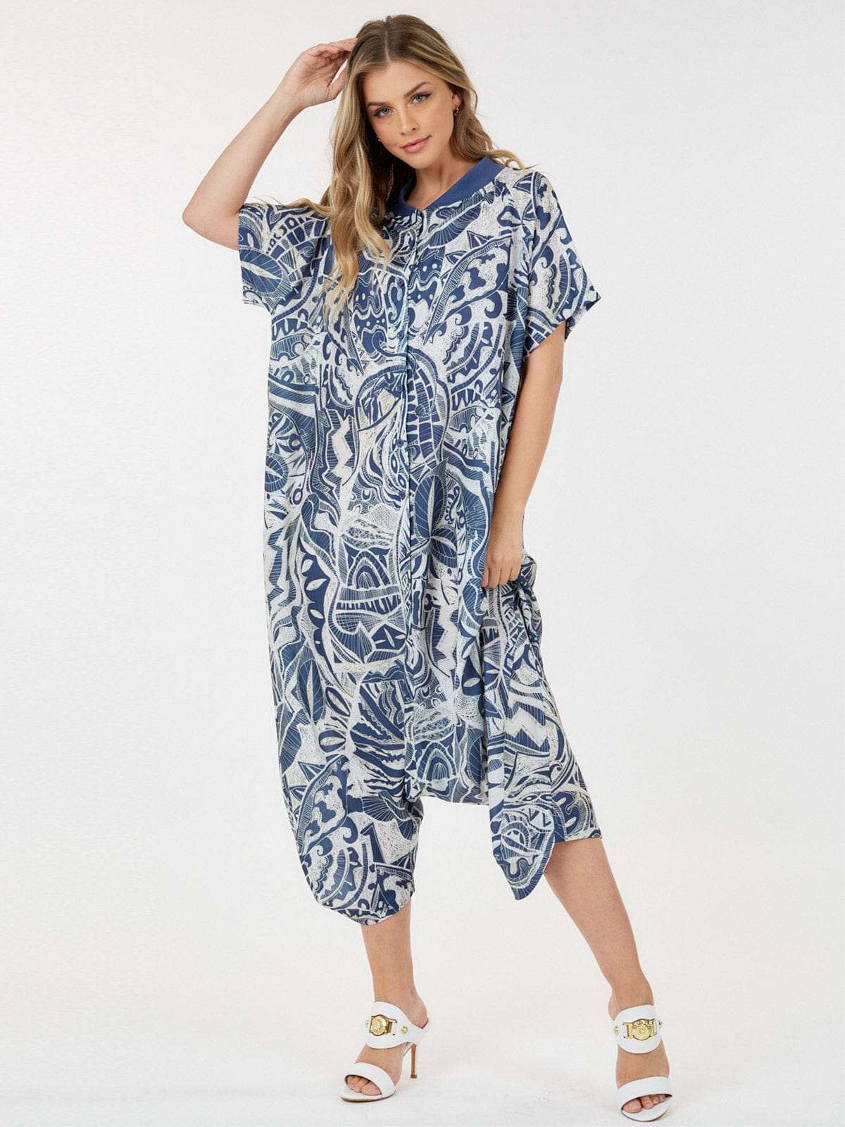 WOMEN'S SHORT SLEEVE BUTTON UP FRONT POCKETS MULTI PRINT JUMPSUIT