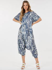 WOMEN'S SHORT SLEEVE BUTTON UP FRONT POCKETS MULTI PRINT JUMPSUIT