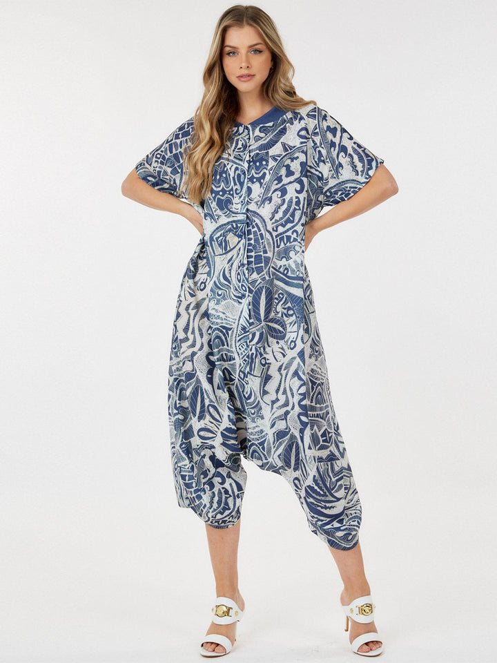 WOMEN'S SHORT SLEEVE BUTTON UP FRONT POCKETS MULTI PRINT JUMPSUIT