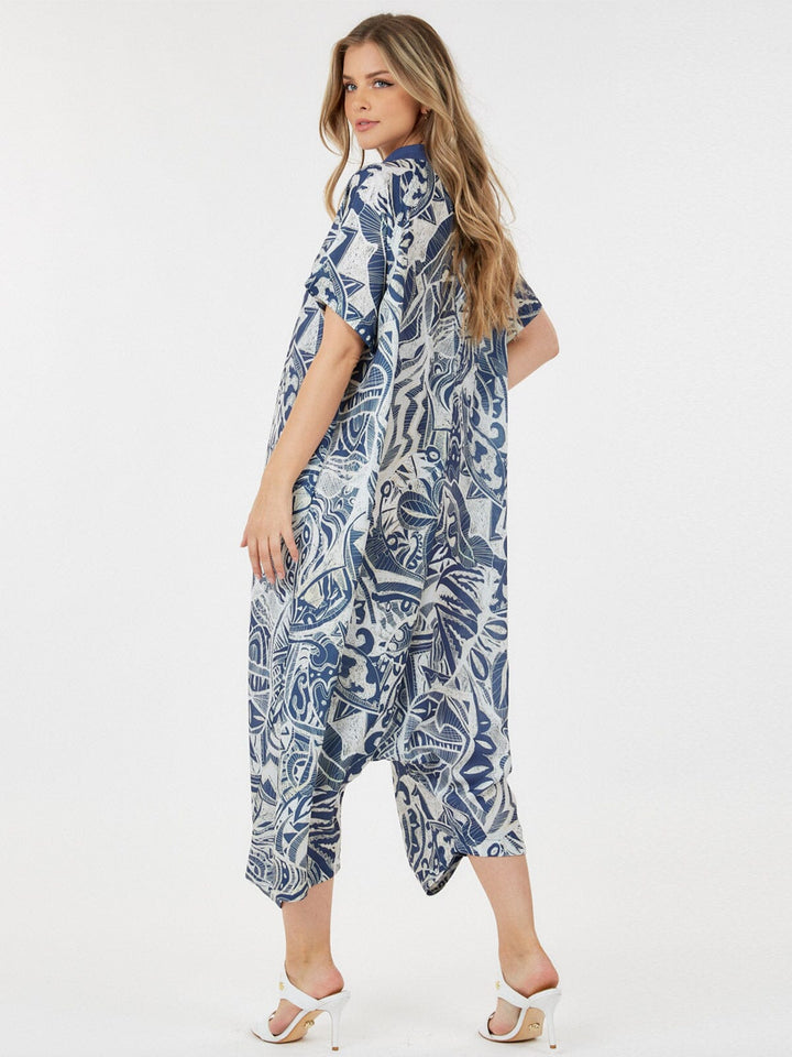 WOMEN'S SHORT SLEEVE BUTTON UP FRONT POCKETS MULTI PRINT JUMPSUIT