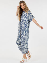 WOMEN'S SHORT SLEEVE BUTTON UP FRONT POCKETS MULTI PRINT JUMPSUIT