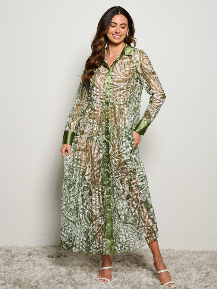 WOMEN'S LONG SLEEVE BUTTON UP MESH MULTI PRINT TIERED MAXI DRESS