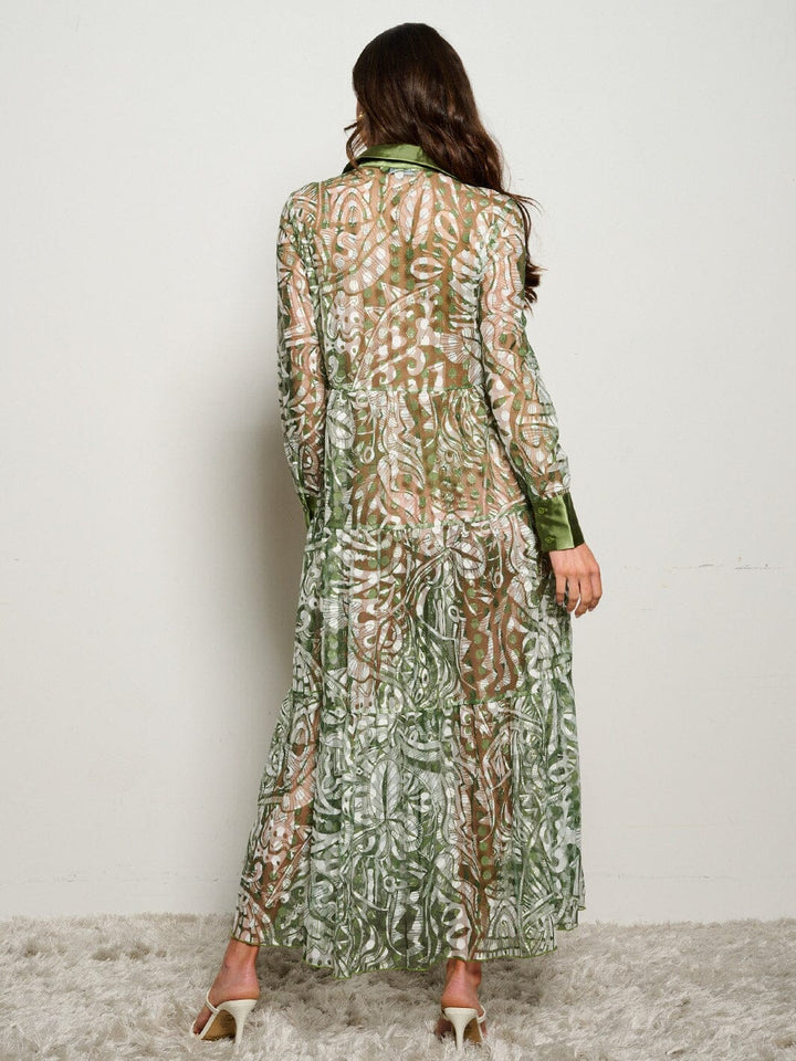 WOMEN'S LONG SLEEVE BUTTON UP MESH MULTI PRINT TIERED MAXI DRESS