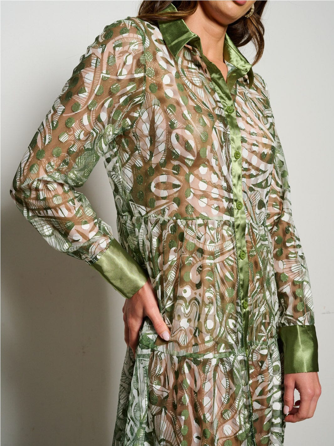 WOMEN'S LONG SLEEVE BUTTON UP MESH MULTI PRINT TIERED MAXI DRESS