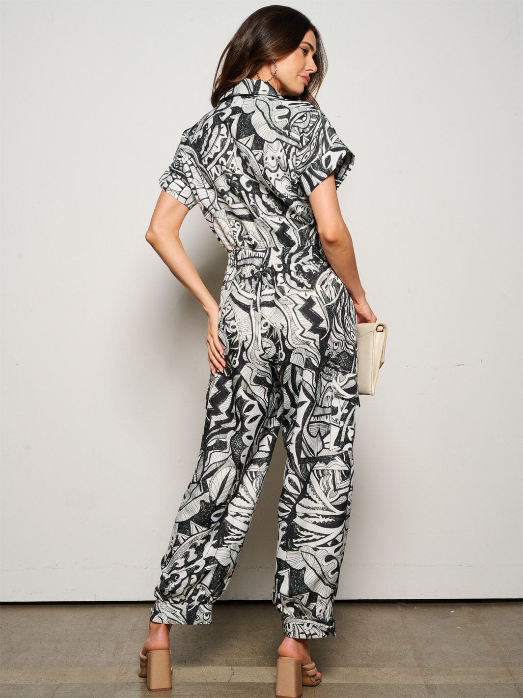 WOMEN'S SHORT PUFF SLEEVE BUTTON UP POCKETS MULTI PRINT JUMPSUIT