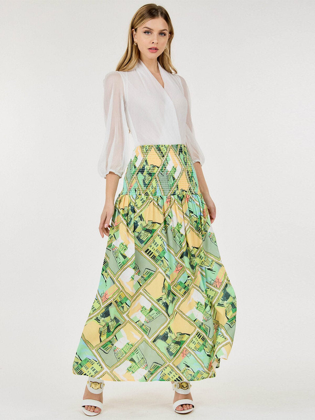 WOMEN'S SMOCK WAIST FLORAL MAXI SKIRT