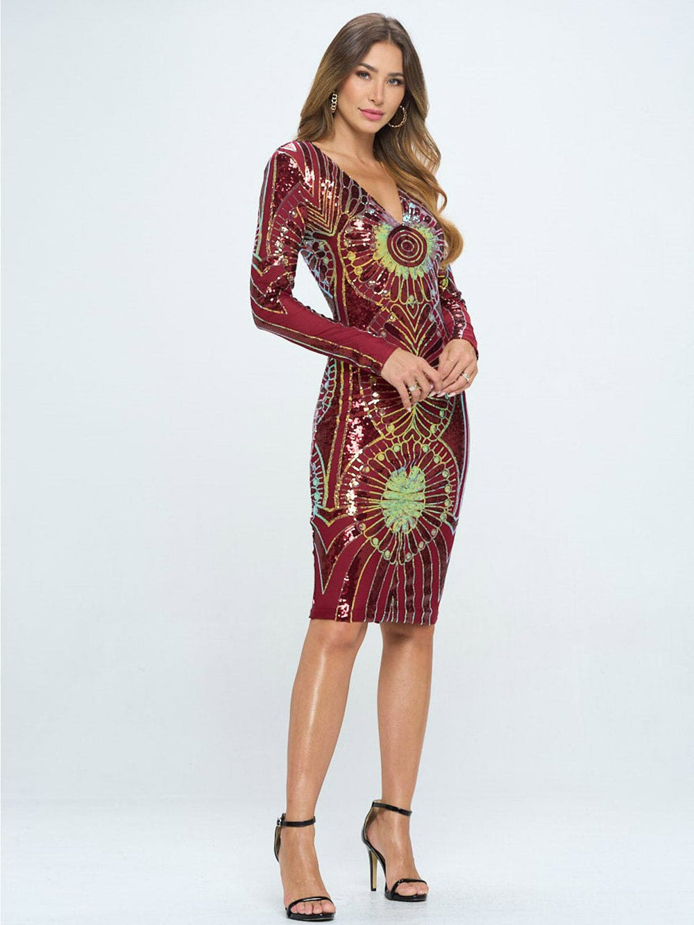 WOMEN'S LONG SLEEVE V-NECK BODYCON SEQUINS MIDI DRESS