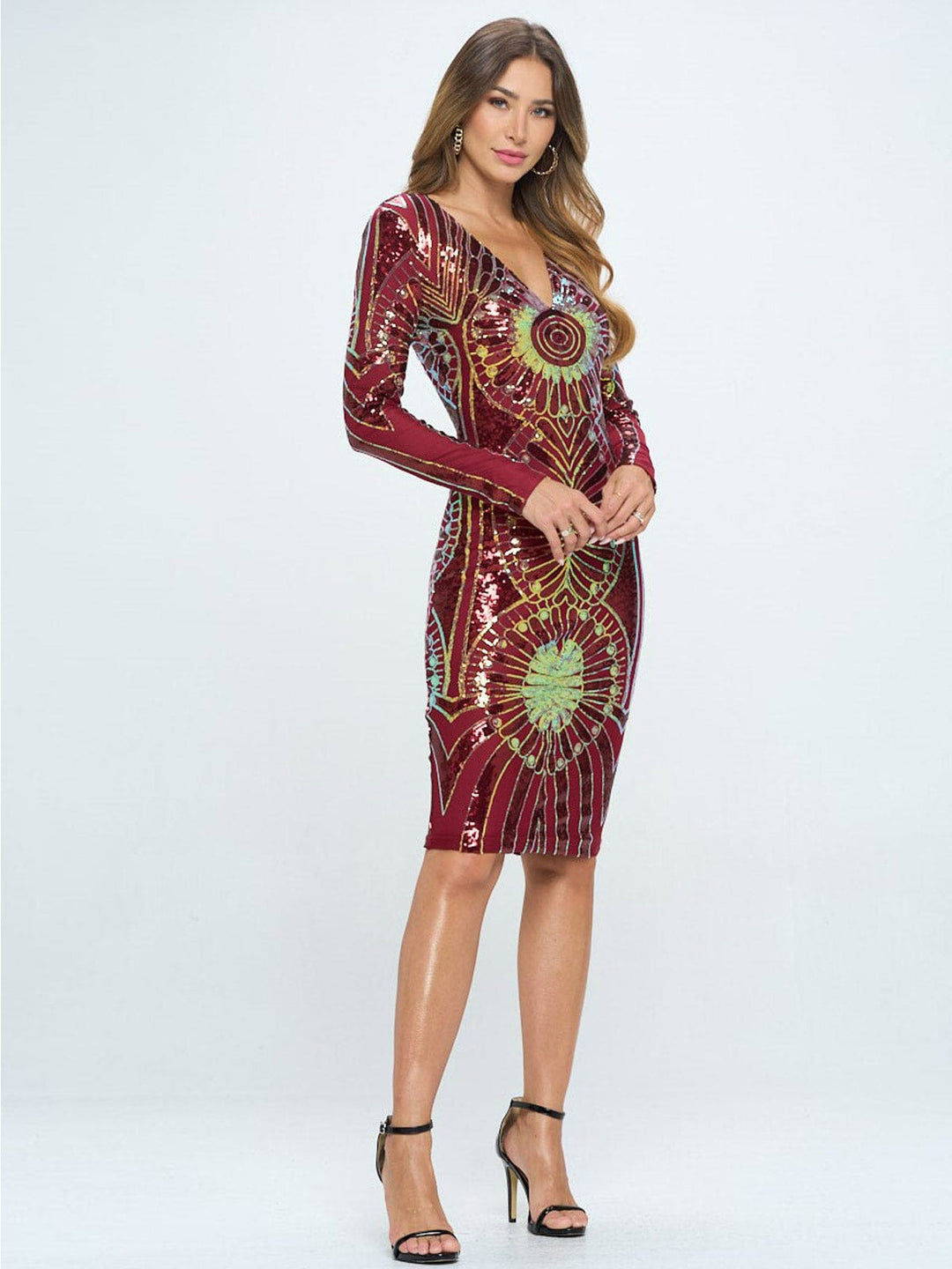 WOMEN'S LONG SLEEVE V-NECK BODYCON SEQUINS MIDI DRESS