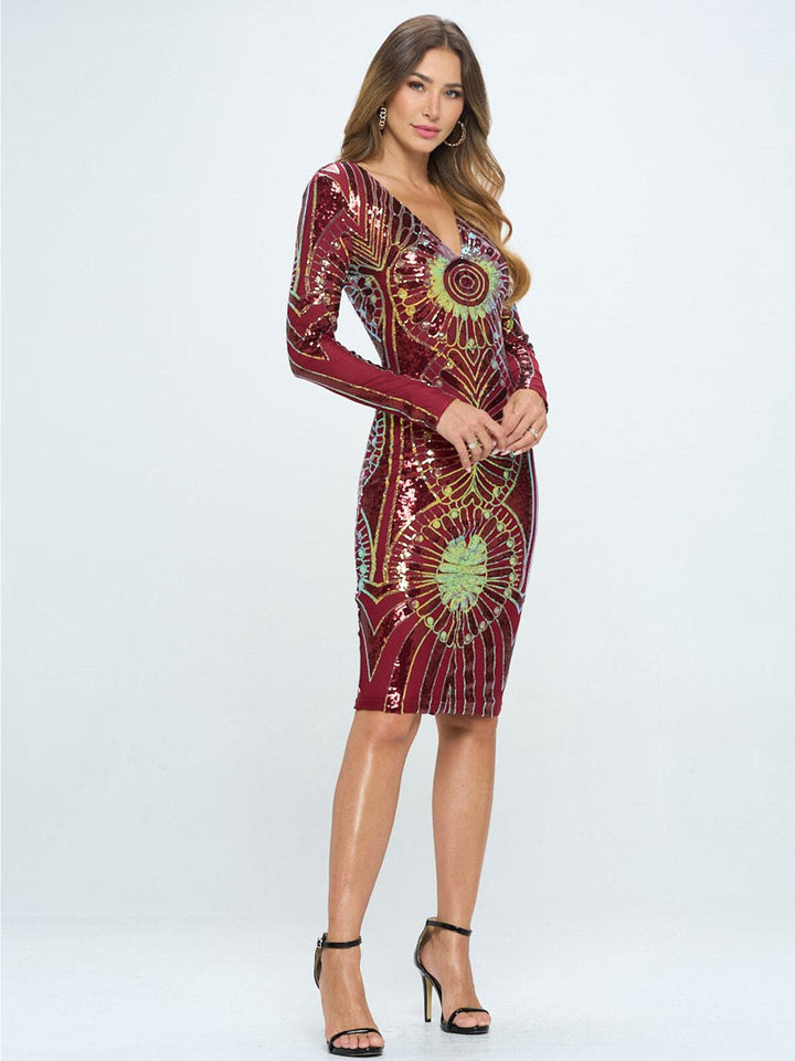 WOMEN'S LONG SLEEVE V-NECK BODYCON SEQUINS MIDI DRESS