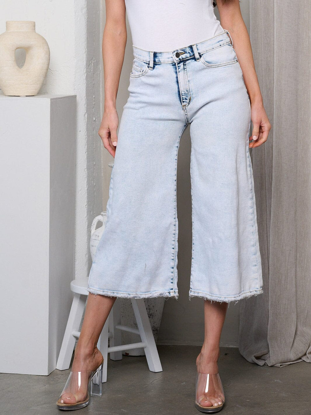 WOMEN'S HIGH RISE POCKETS WIDE LEG CAPRI PANTS