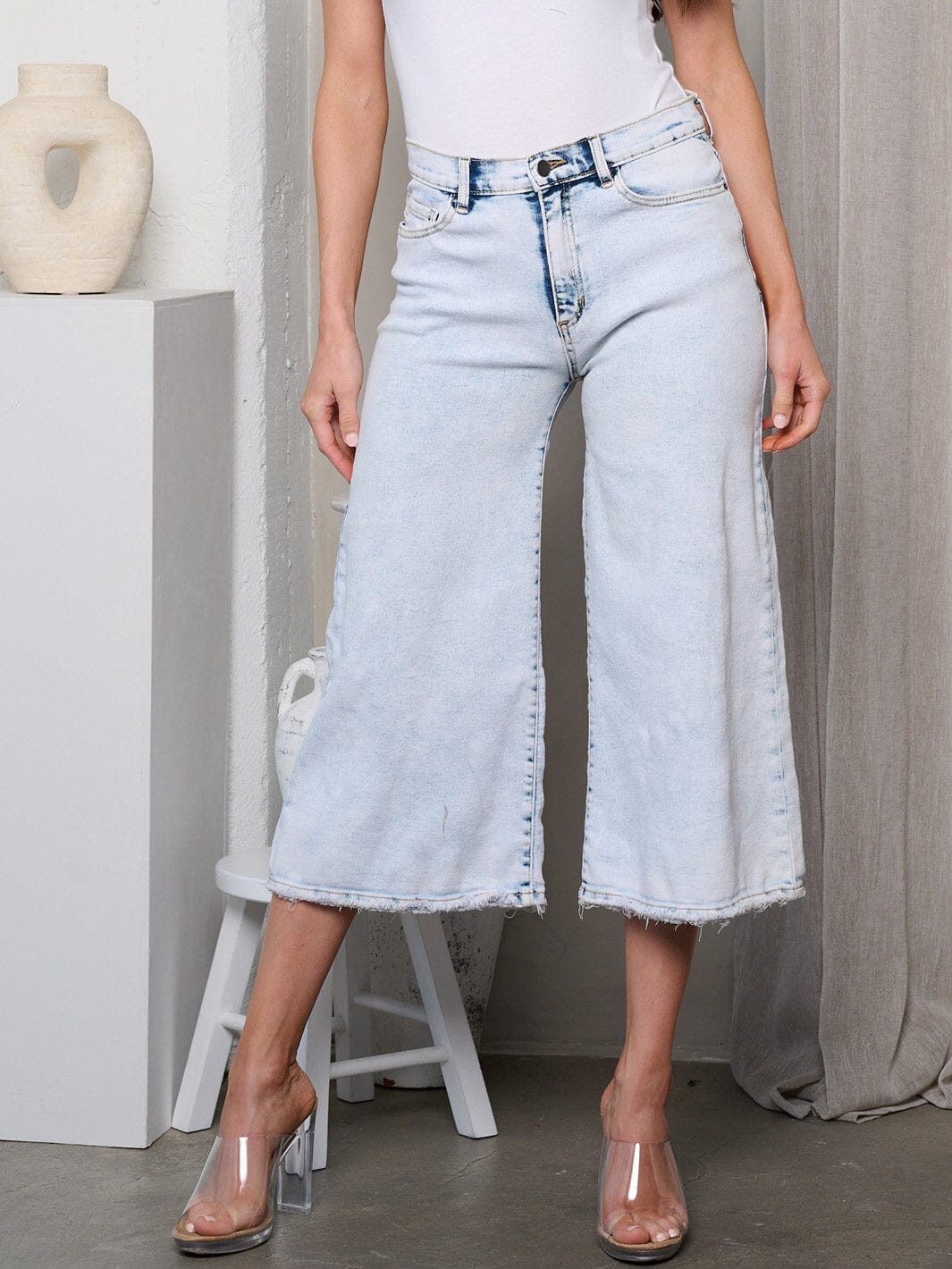 WOMEN'S HIGH RISE POCKETS WIDE LEG CAPRI PANTS