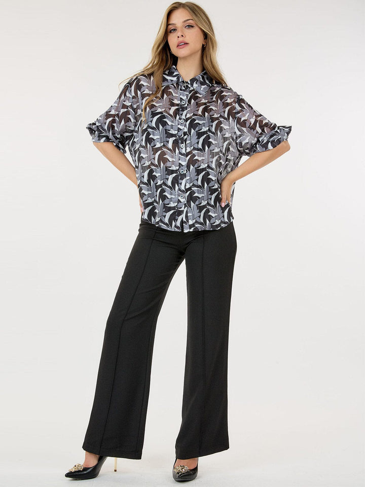 WOMEN'S 3/4 SLEEVE BUTTON CLOSURE MULTI PRINT BLOUSE