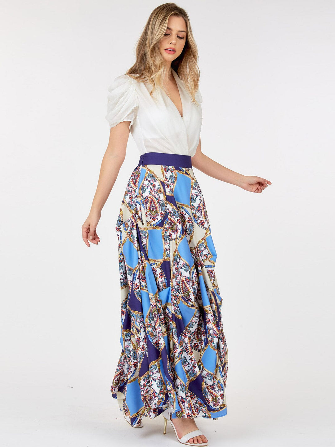WOMEN'S ELASTIC WAIST MULTI PRINT DETAILED MAXI SKIRT