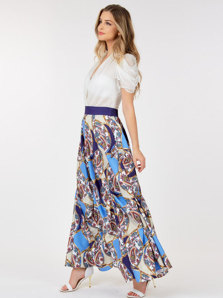 WOMEN'S ELASTIC WAIST MULTI PRINT DETAILED MAXI SKIRT