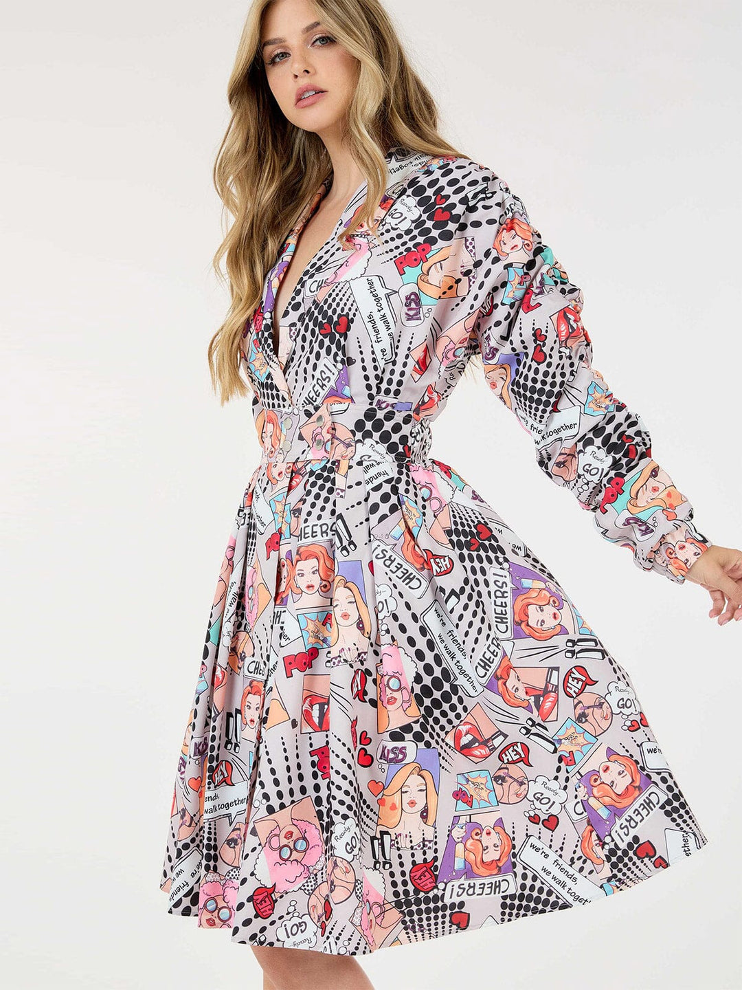 WOMEN'S LONG RUCHED SLEEVE FRONT POCKETS MULTI PRINT WRAP MINI DRESS