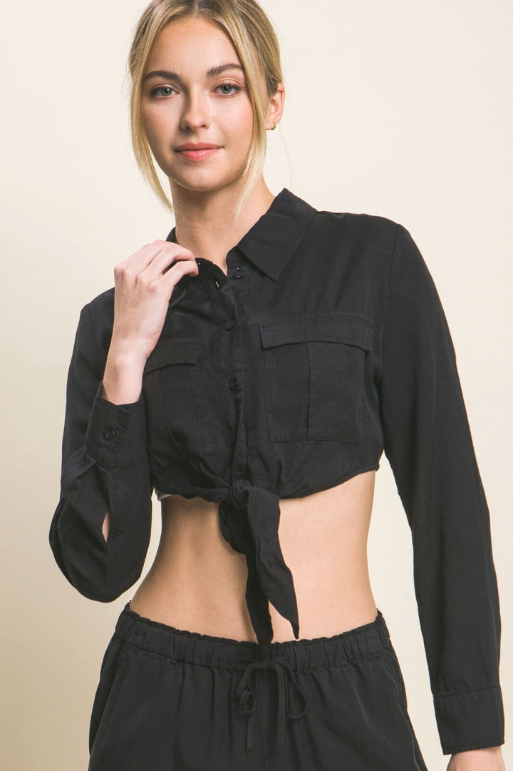 WOMEN'S LONG SLEEVE BUTTON UP FRONT POCKETS CROP TOP