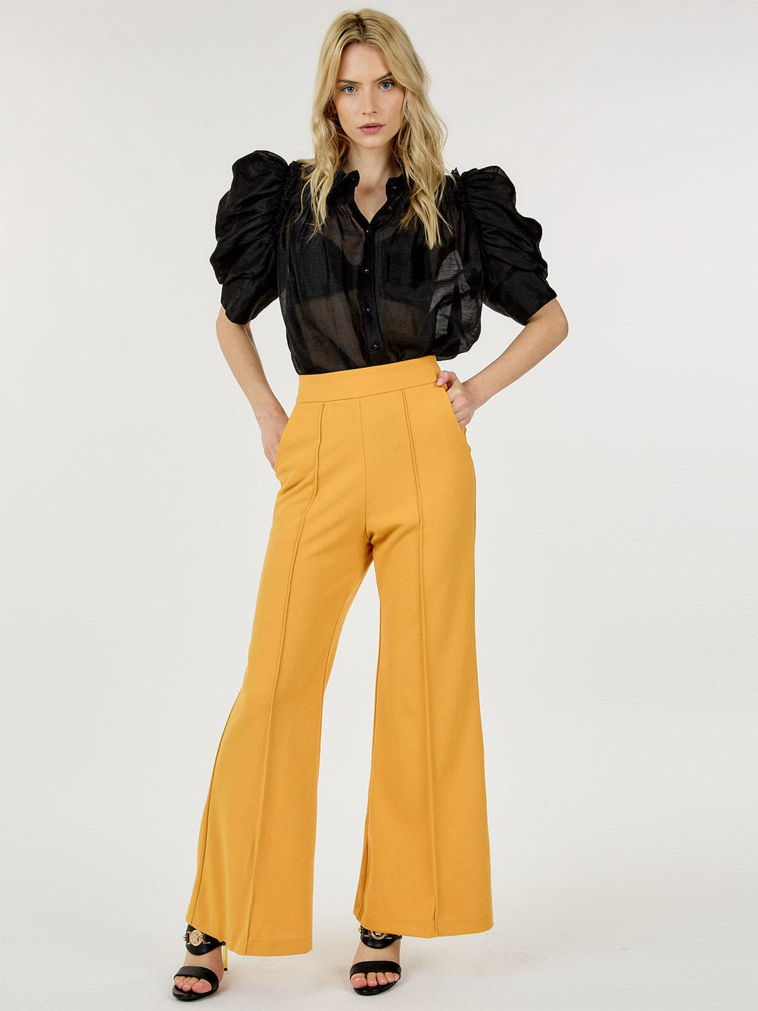 WOMEN'S BUTTON CLOSURE FRONT POCKETS WIDE LEG PANTS