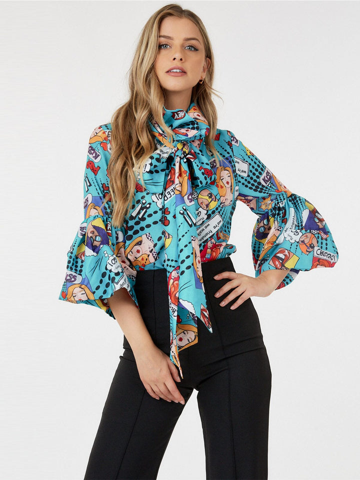 WOMEN'S 3/4 SLEEVE BUTTON UP MULTI PRINT BLOUSE