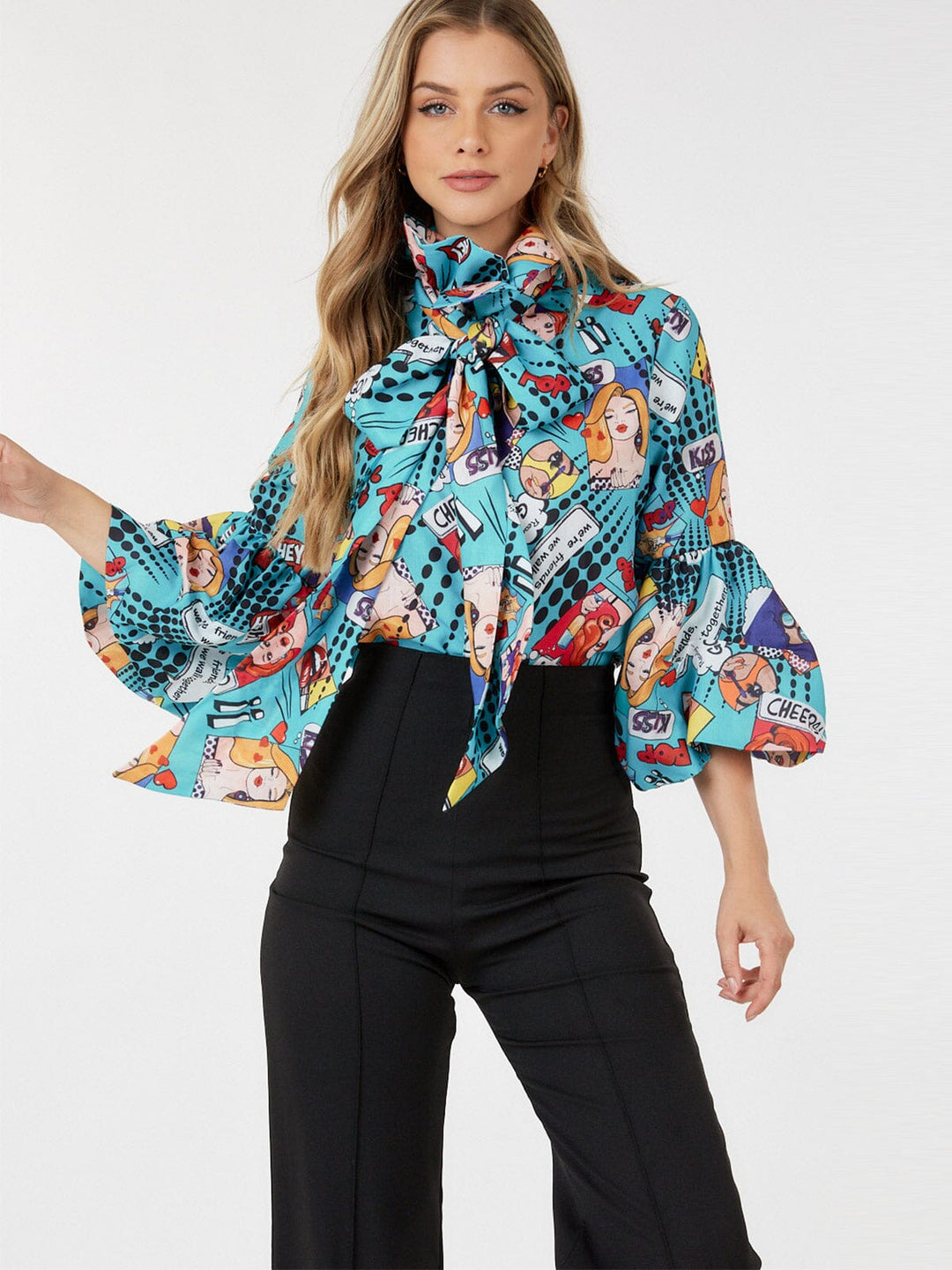 WOMEN'S 3/4 SLEEVE BUTTON UP MULTI PRINT BLOUSE