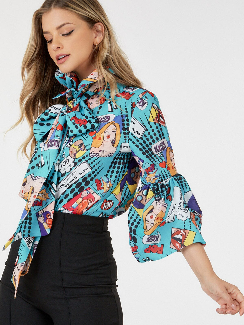 WOMEN'S 3/4 SLEEVE BUTTON UP MULTI PRINT BLOUSE