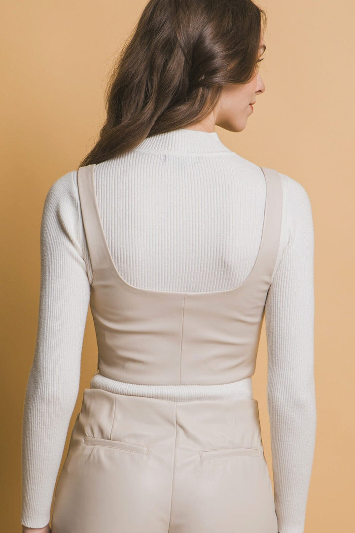 WOMEN'S SLEEVELESS ZIP UP PU PLEATHER CROP TOP