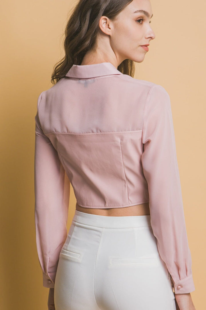 WOMEN'S LONG SLEEVE BUTTON UP PU PLEATHER CONTRAST CROP TOP