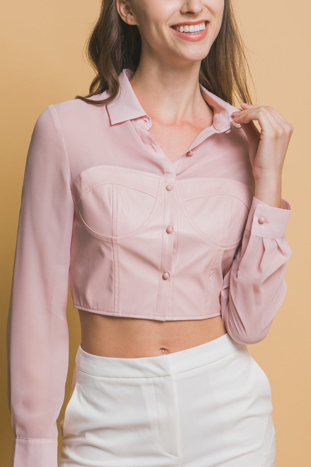 WOMEN'S LONG SLEEVE BUTTON UP PU PLEATHER CONTRAST CROP TOP
