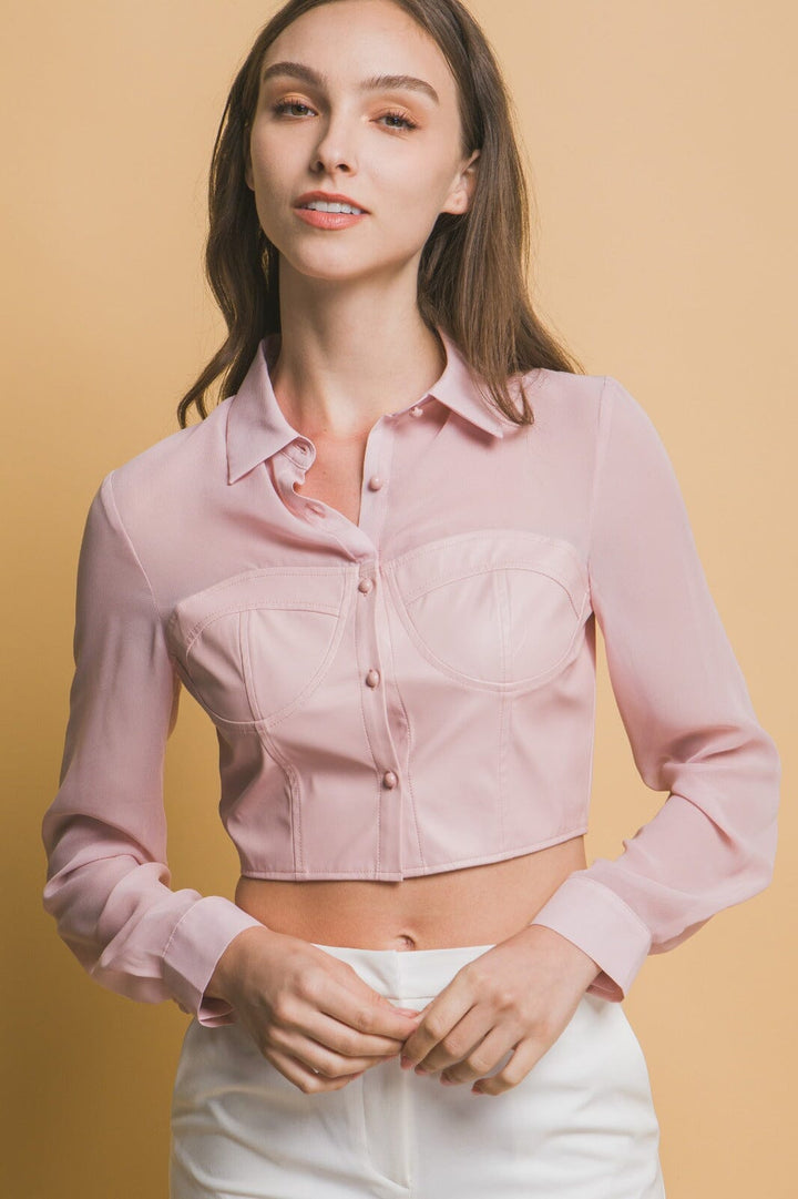 WOMEN'S LONG SLEEVE BUTTON UP PU PLEATHER CONTRAST CROP TOP