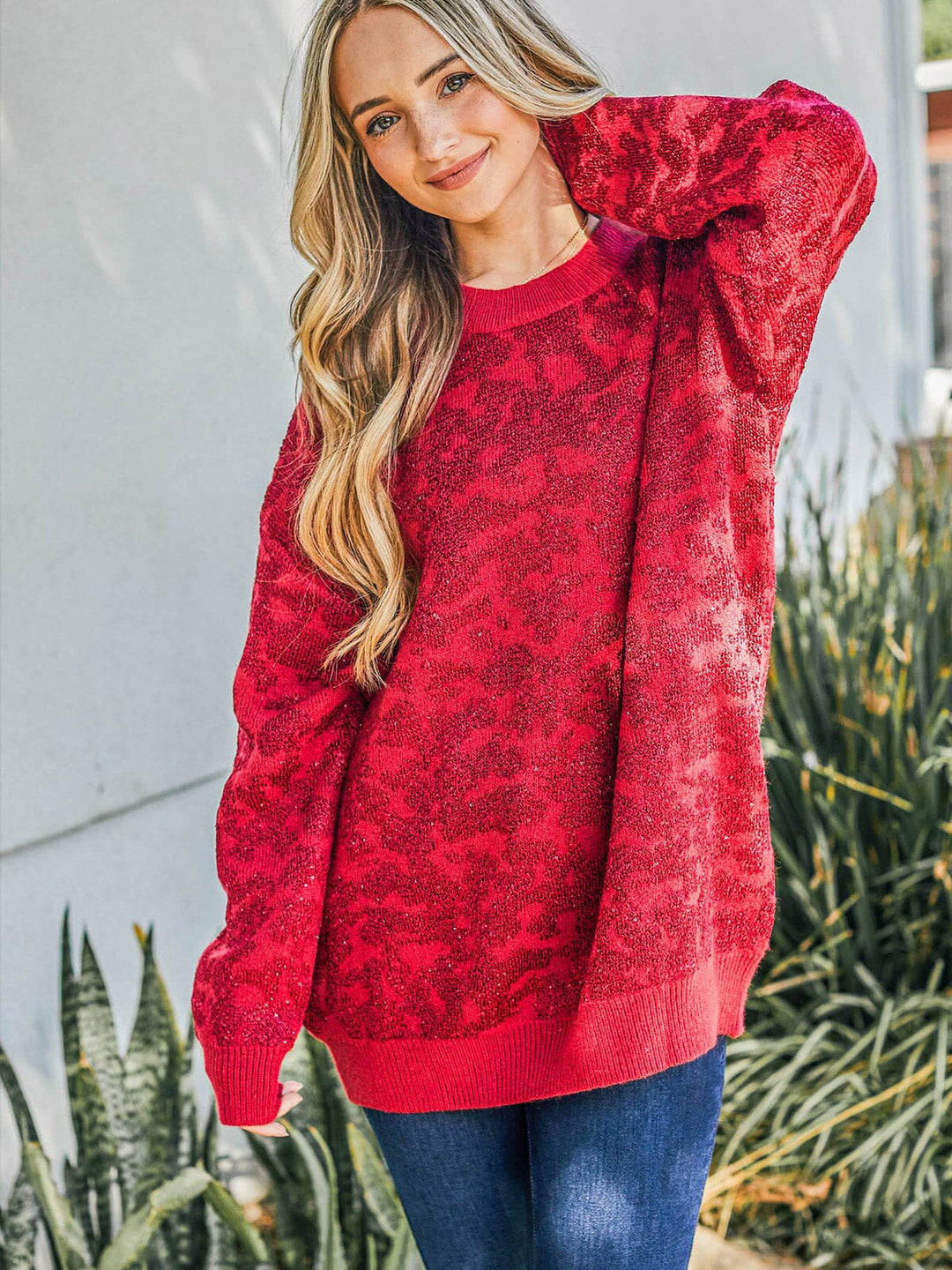 WOMEN'S LONG SLEEVE SHIMMER PRINT PULLOVER SWEATER