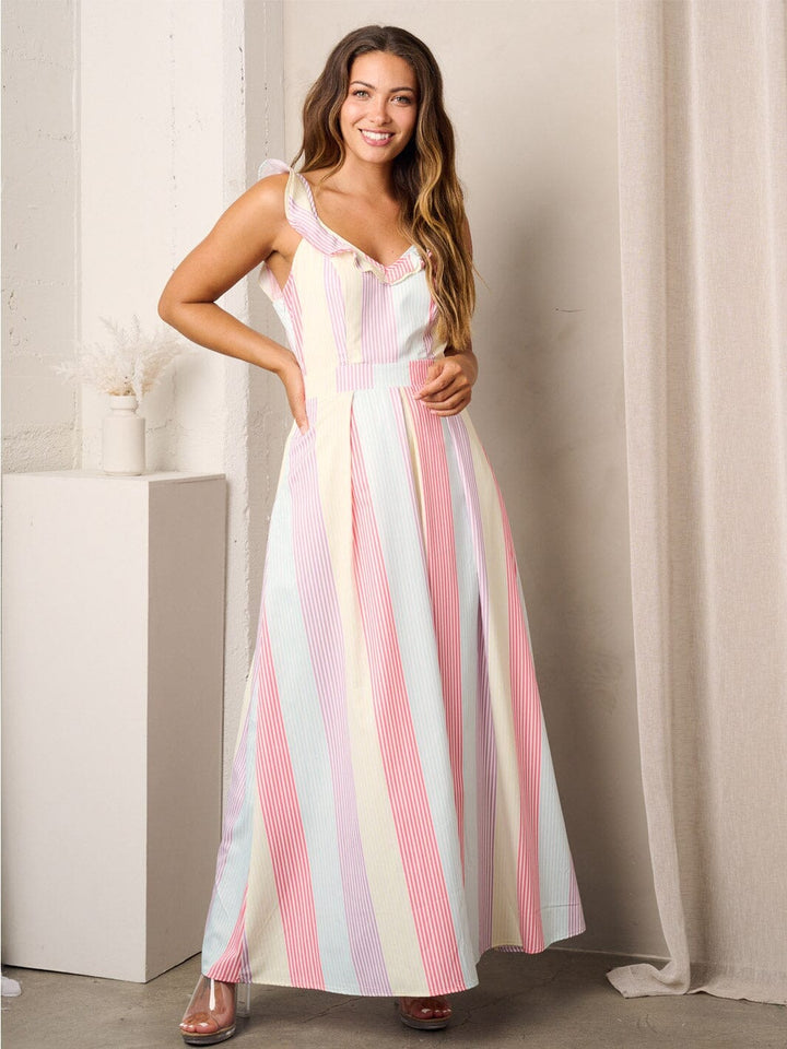 WOMEN'S SLEEVELESS V-NECK RUFFLE MULTI COLOR STRIPES MAXI DRESS
