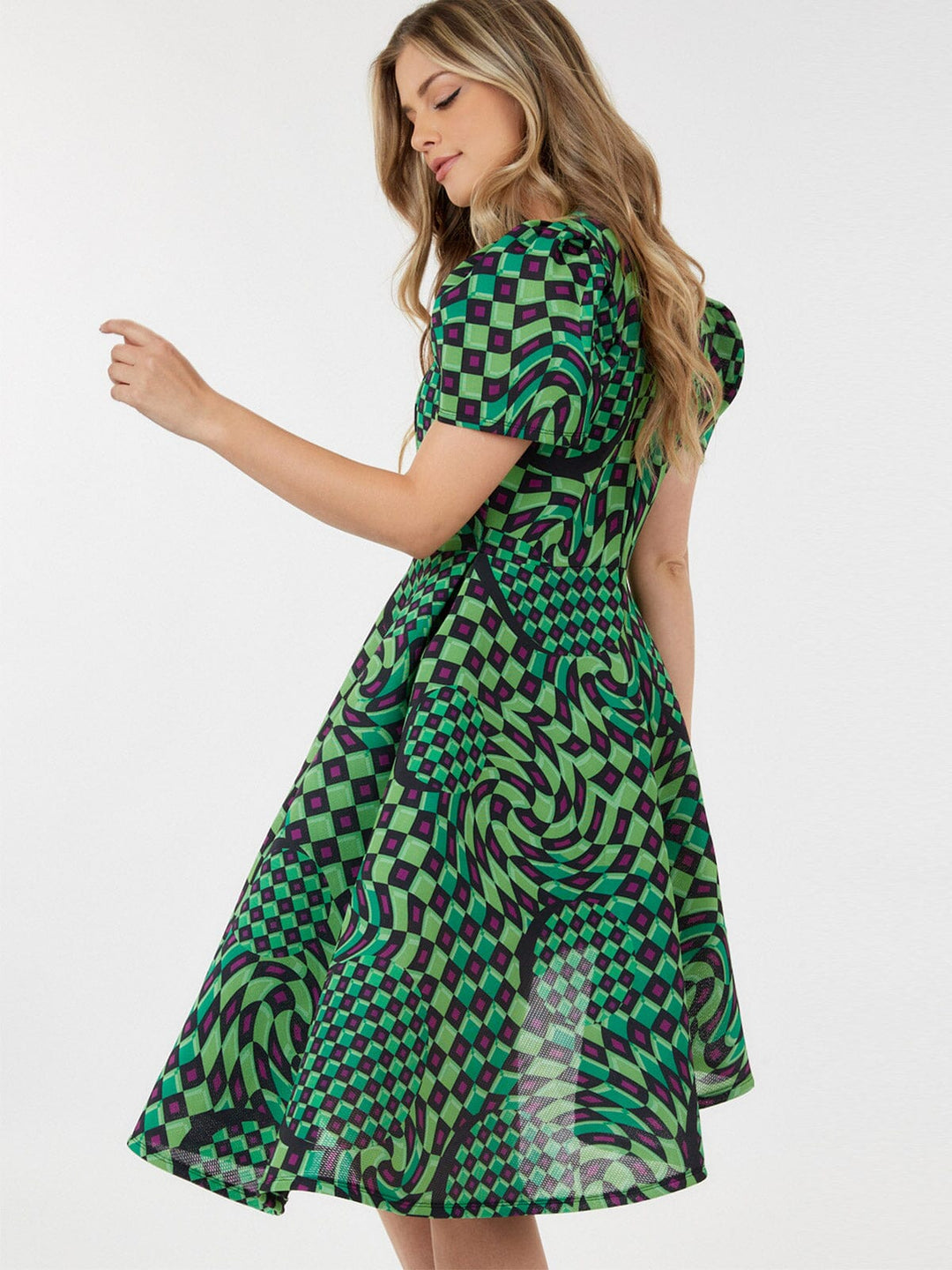 WOMEN'S SHORT PUFF SLEEVE MULTI PRINT MINI DRESS