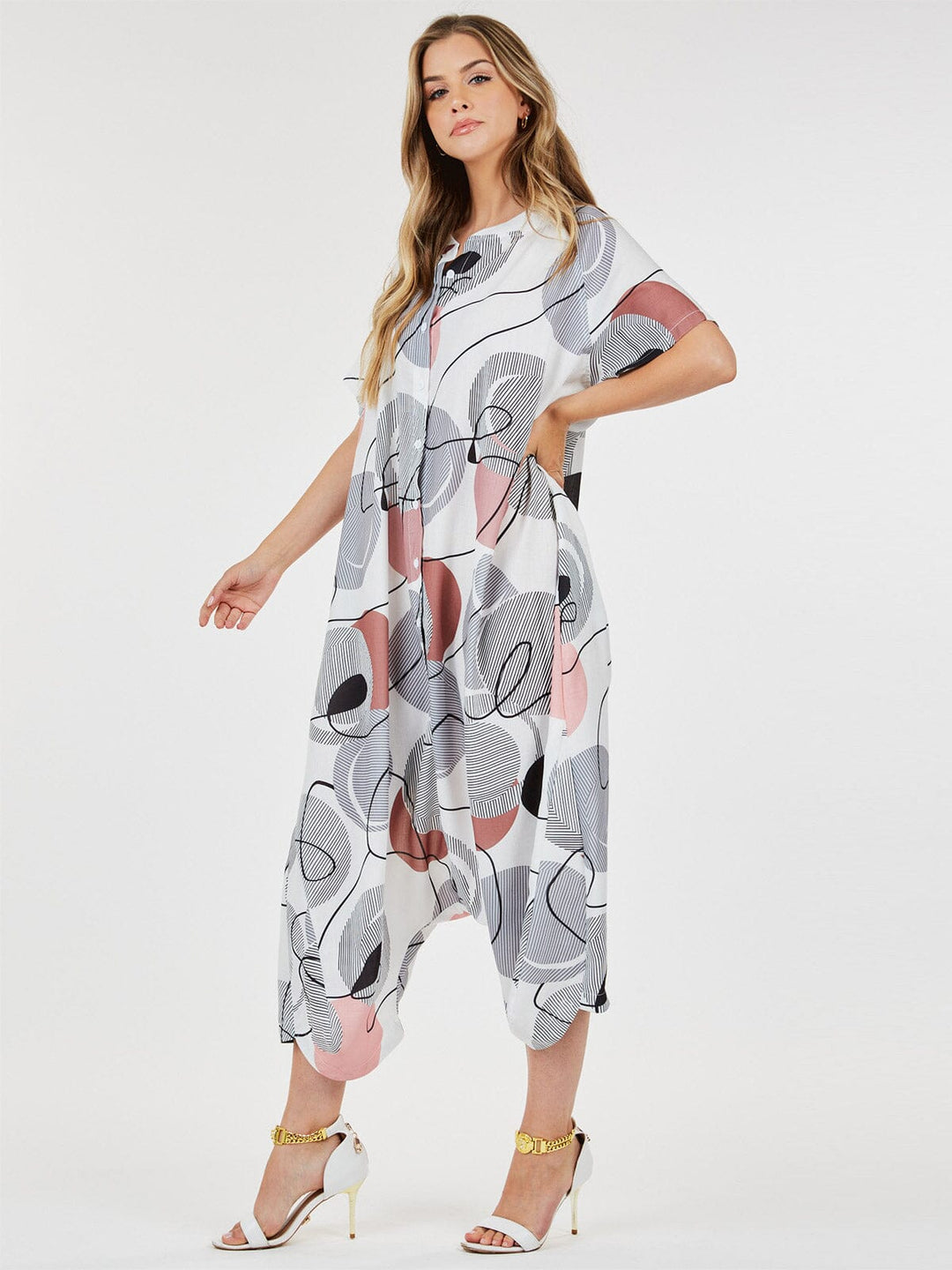 WOMEN'S SHORT SLEEVE BUTTON UP FRONT POCKETS MULTI PRINT JUMPSUIT