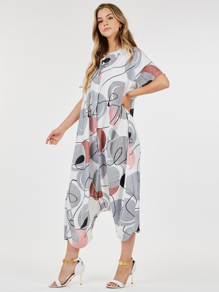 WOMEN'S SHORT SLEEVE BUTTON UP FRONT POCKETS MULTI PRINT JUMPSUIT