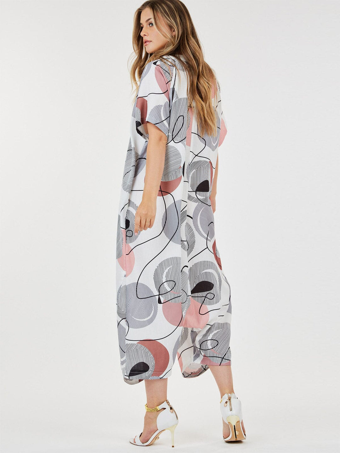 WOMEN'S SHORT SLEEVE BUTTON UP FRONT POCKETS MULTI PRINT JUMPSUIT