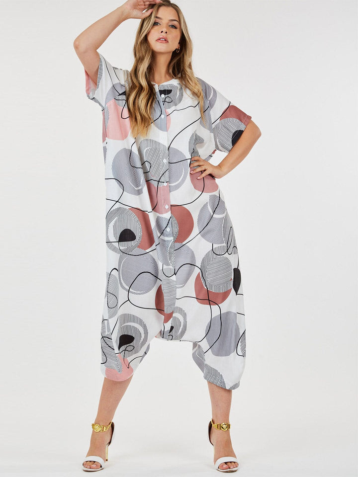 WOMEN'S SHORT SLEEVE BUTTON UP FRONT POCKETS MULTI PRINT JUMPSUIT