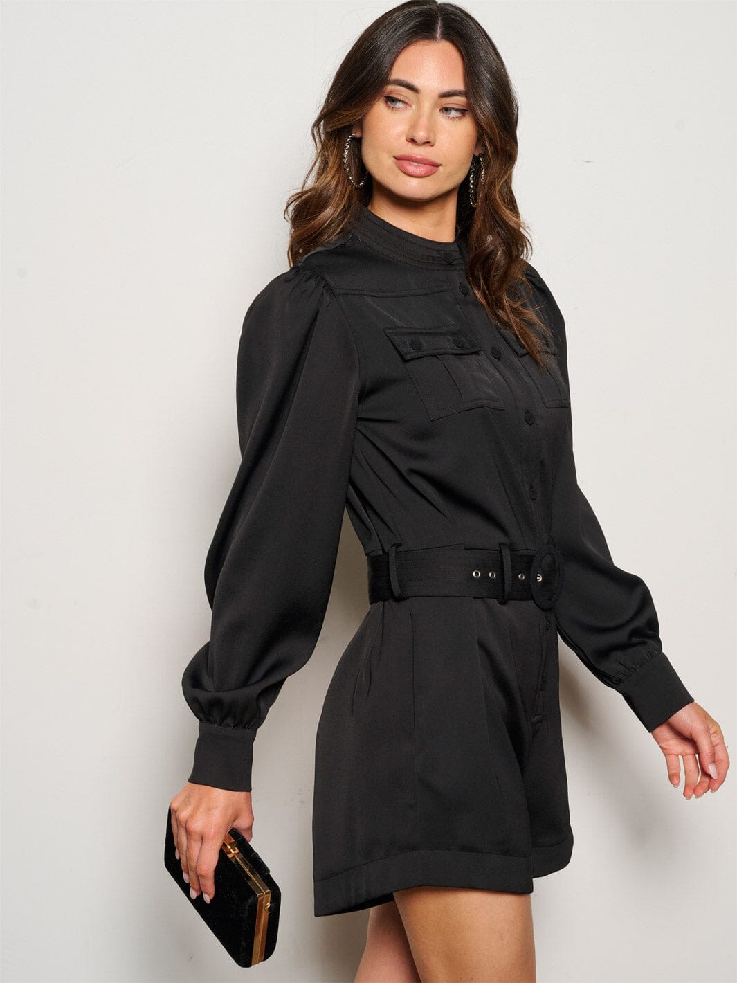 WOMEN'S LONG SLEEVE BUTTON UP POCKETS BELTED ROMPER