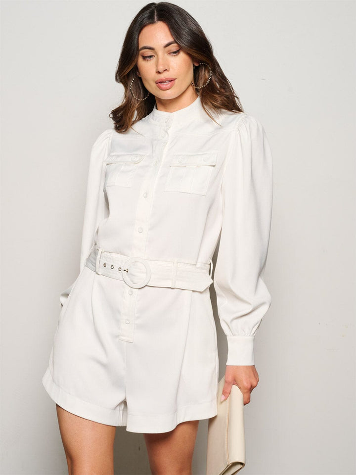 WOMEN'S LONG SLEEVE BUTTON UP POCKETS BELTED ROMPER