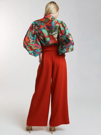 WOMEN'S BUTTON CLOSURE FRONT POCKETS BELTED WIDE LEG PANTS