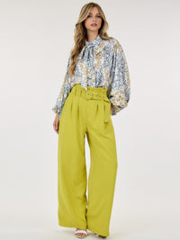 WOMEN'S BUTTON CLOSURE FRONT POCKETS BELTED WIDE LEG PANTS