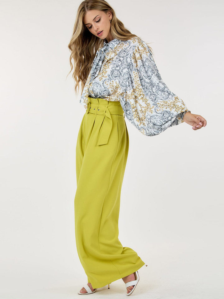 WOMEN'S BUTTON CLOSURE FRONT POCKETS BELTED WIDE LEG PANTS