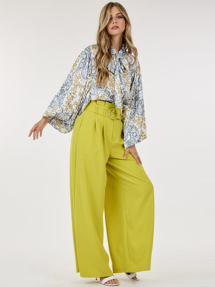 WOMEN'S BUTTON CLOSURE FRONT POCKETS BELTED WIDE LEG PANTS