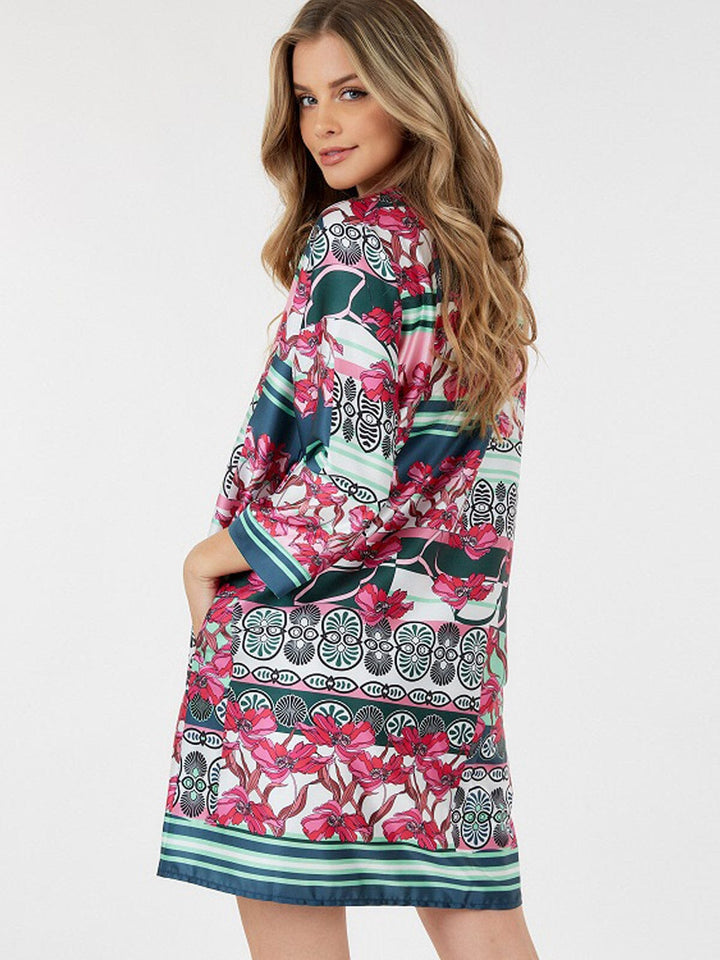 WOMEN'S LONG SLEEVE V-NECK POCKETS MULTI PRINT MINI DRESS