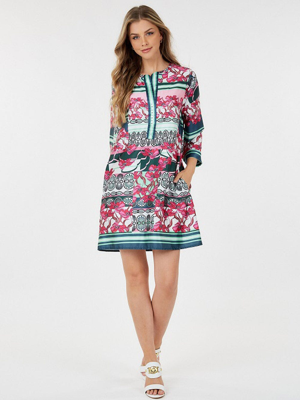 WOMEN'S LONG SLEEVE V-NECK POCKETS MULTI PRINT MINI DRESS