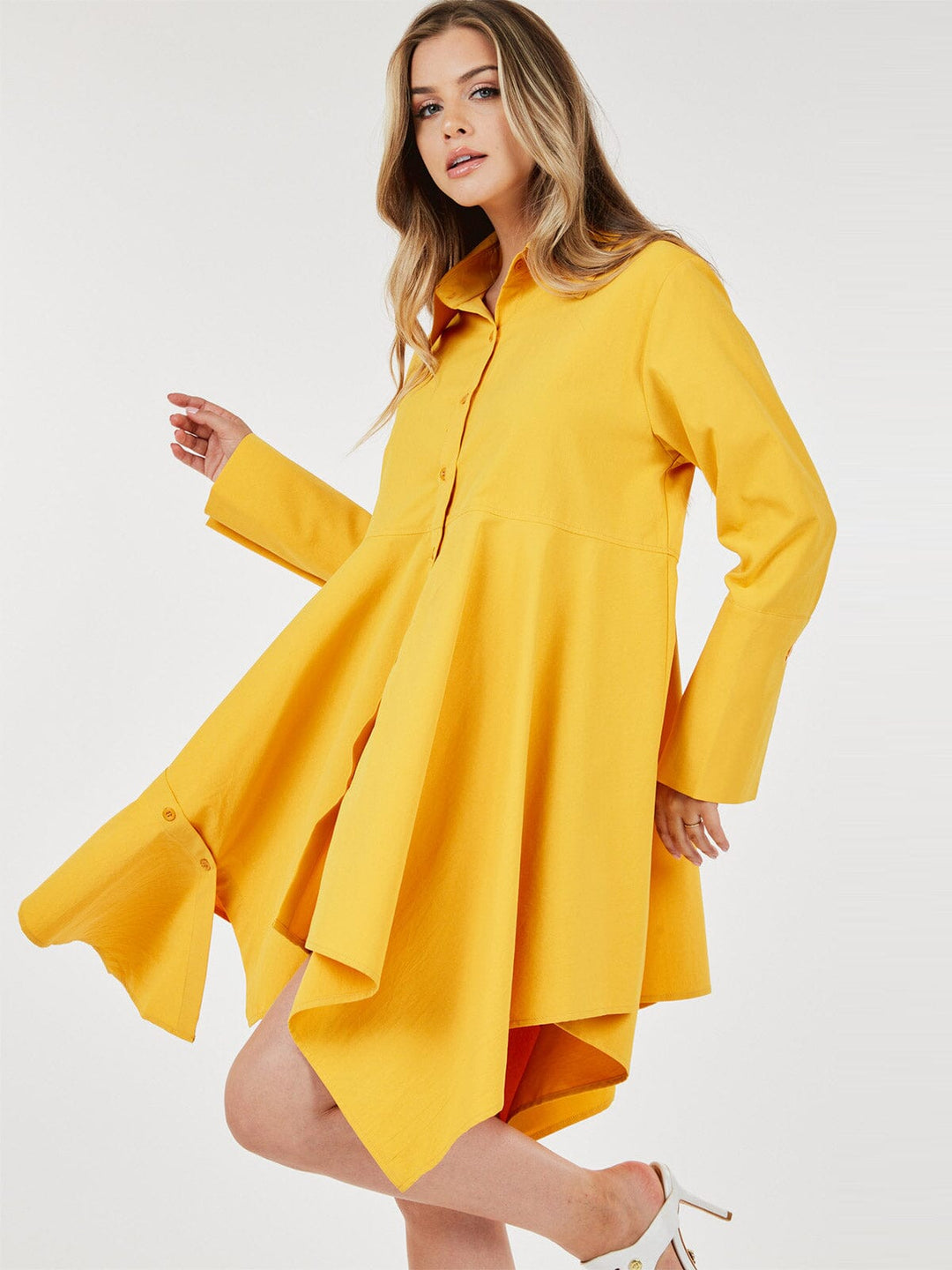 WOMEN'S LONG SLEEVE BUTTON UP TUNIC HIGH LOW MINI DRESS